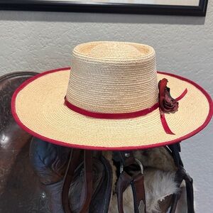 Elegant SunBody Palm leaf Hat with Red leather flower & Trim